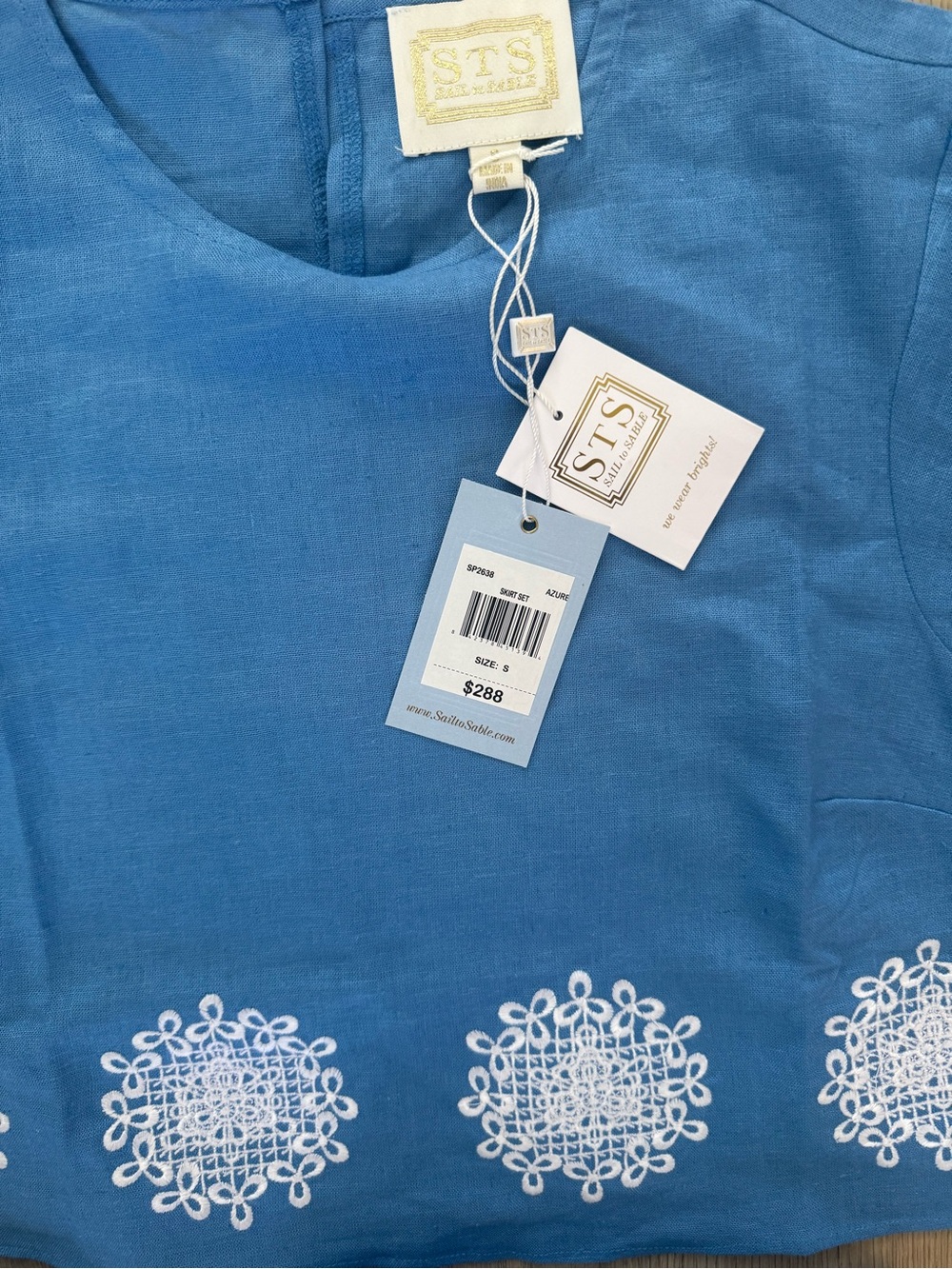 Sail to Sable, NWT summer 2026 Blue Embroidered linen skirt set sz small - Picture 7 of 7